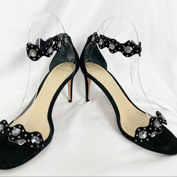 Alexandre Birman Jeweled Round Open Toe Suede Leather Heels Sandals Black - Picture 2 of 6